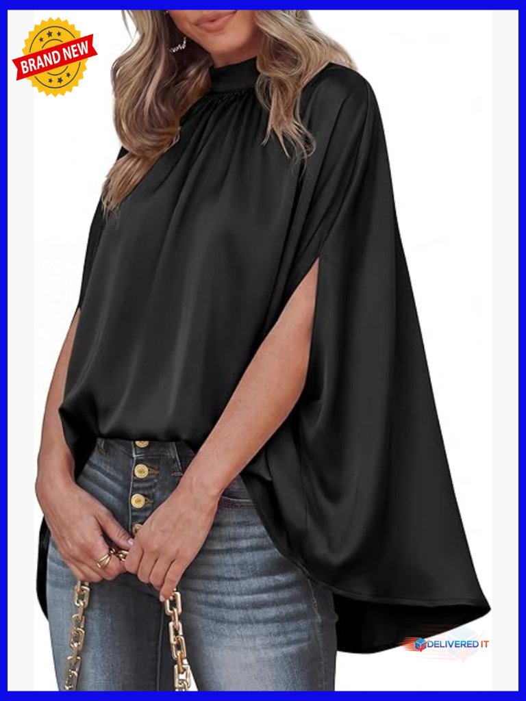 Mock Neck Batwing Sleeve Satin Blouse Loose Oversized Dressy Casual Top